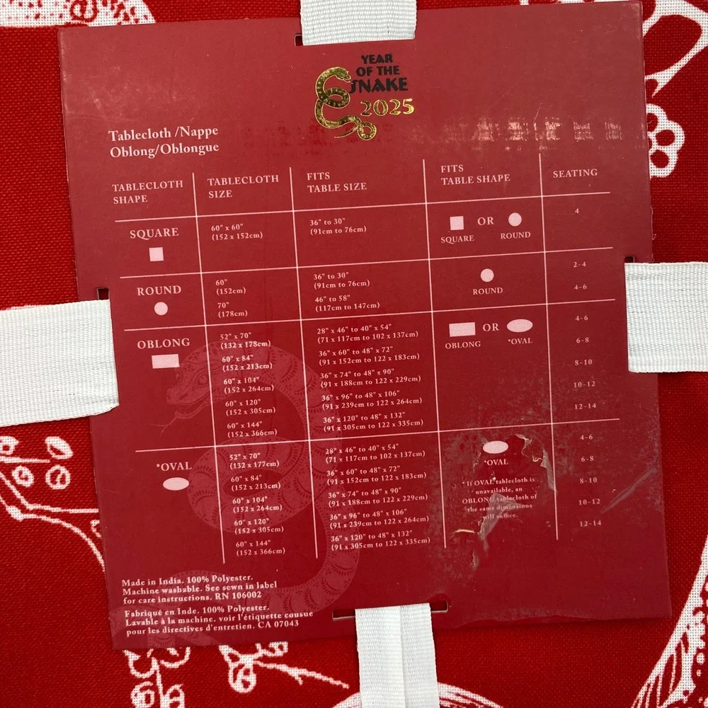 Year of the Snake 2025 Tablecloth Oblong 60x120 Red White Floral Lunar New Year